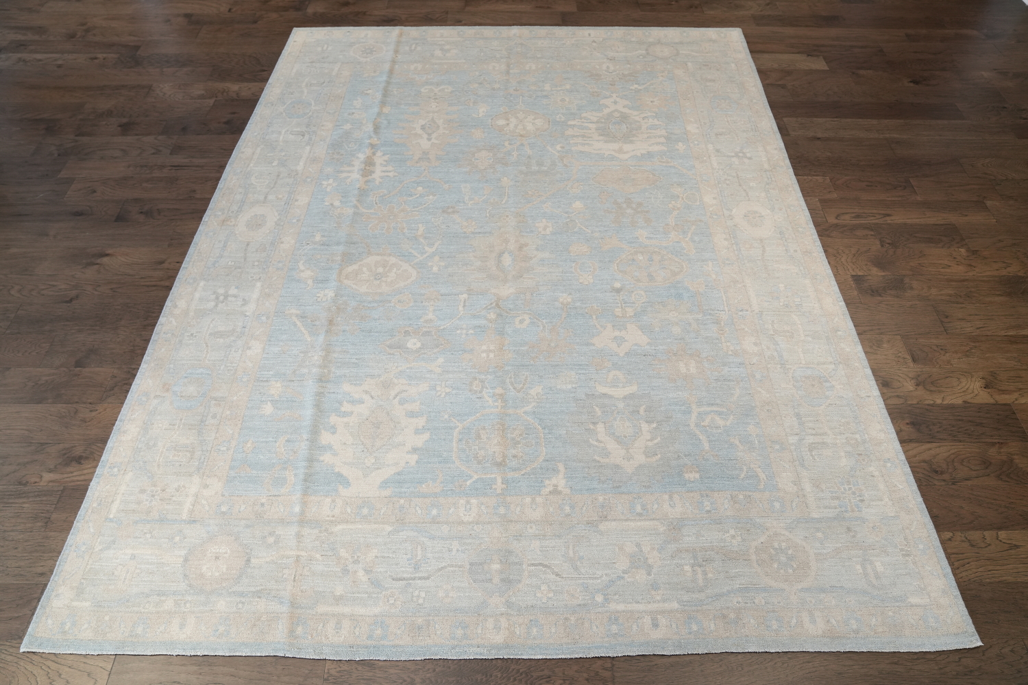 Muted Blue and White Oushak Turkish Living Room Rug 9x12