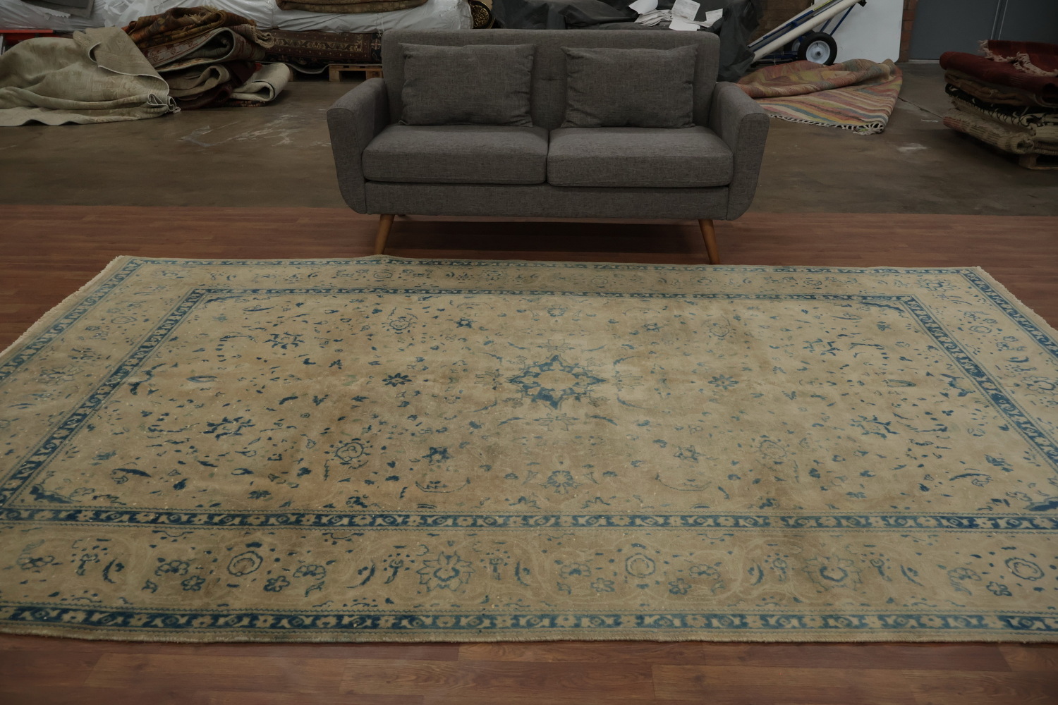 Classic Kashan Persian Area Rug 7x11 in Subtle Blues and Warm Earthy Tones