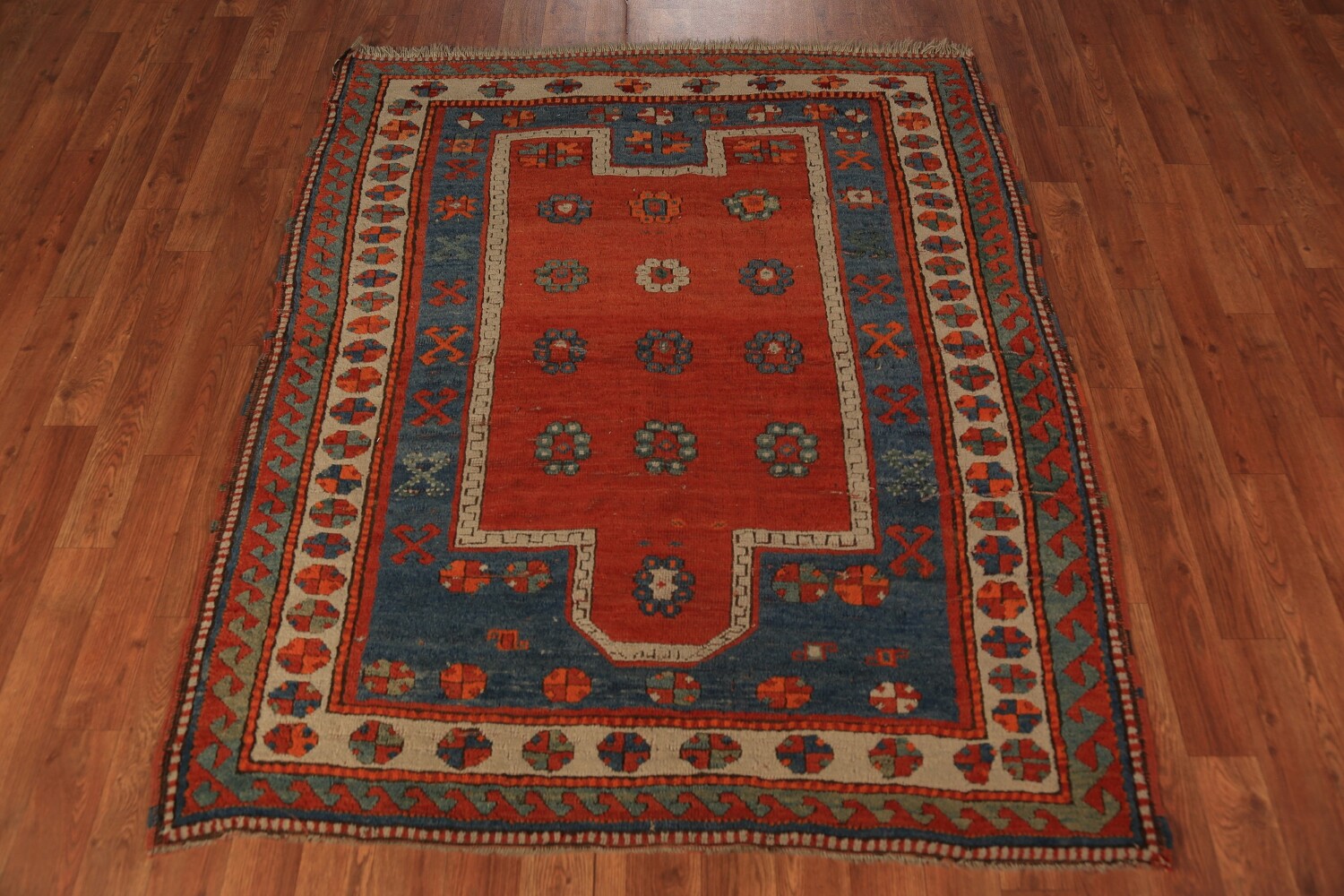 Pre-1900 Antique Red Geometric Kazak Oriental Rug 4x5