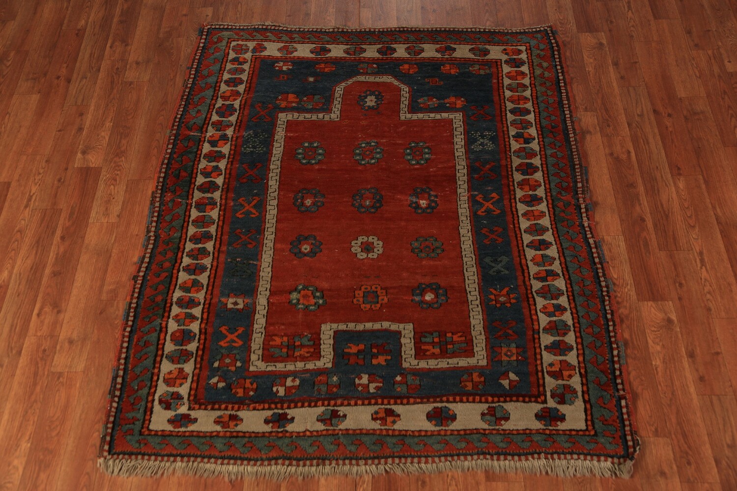 Pre-1900 Antique Red Geometric Kazak Oriental Rug 4x5