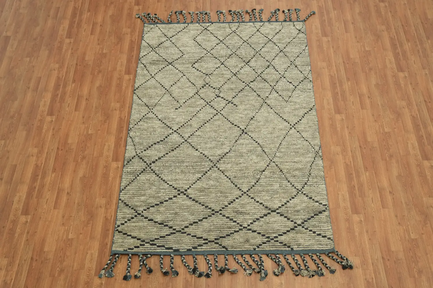 Elegant Grey Green Moroccan Rug with Geometric Black Line Patterns 6'x8'