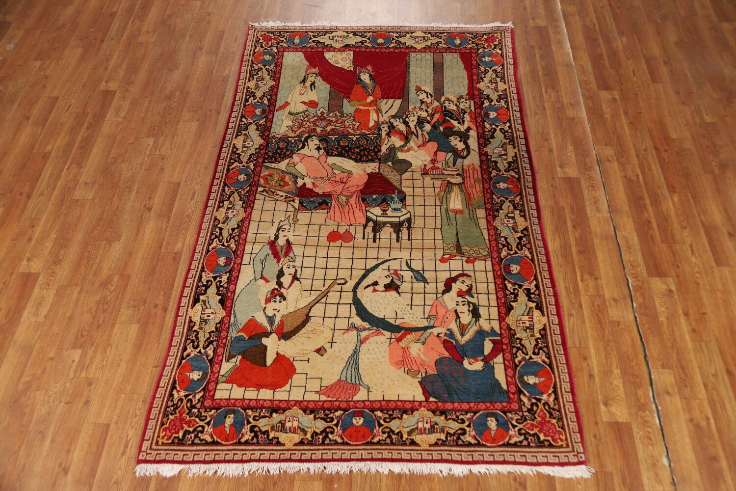 Pre-1900 Antique Wool Pictorial Kashan Persian Rug 4x7