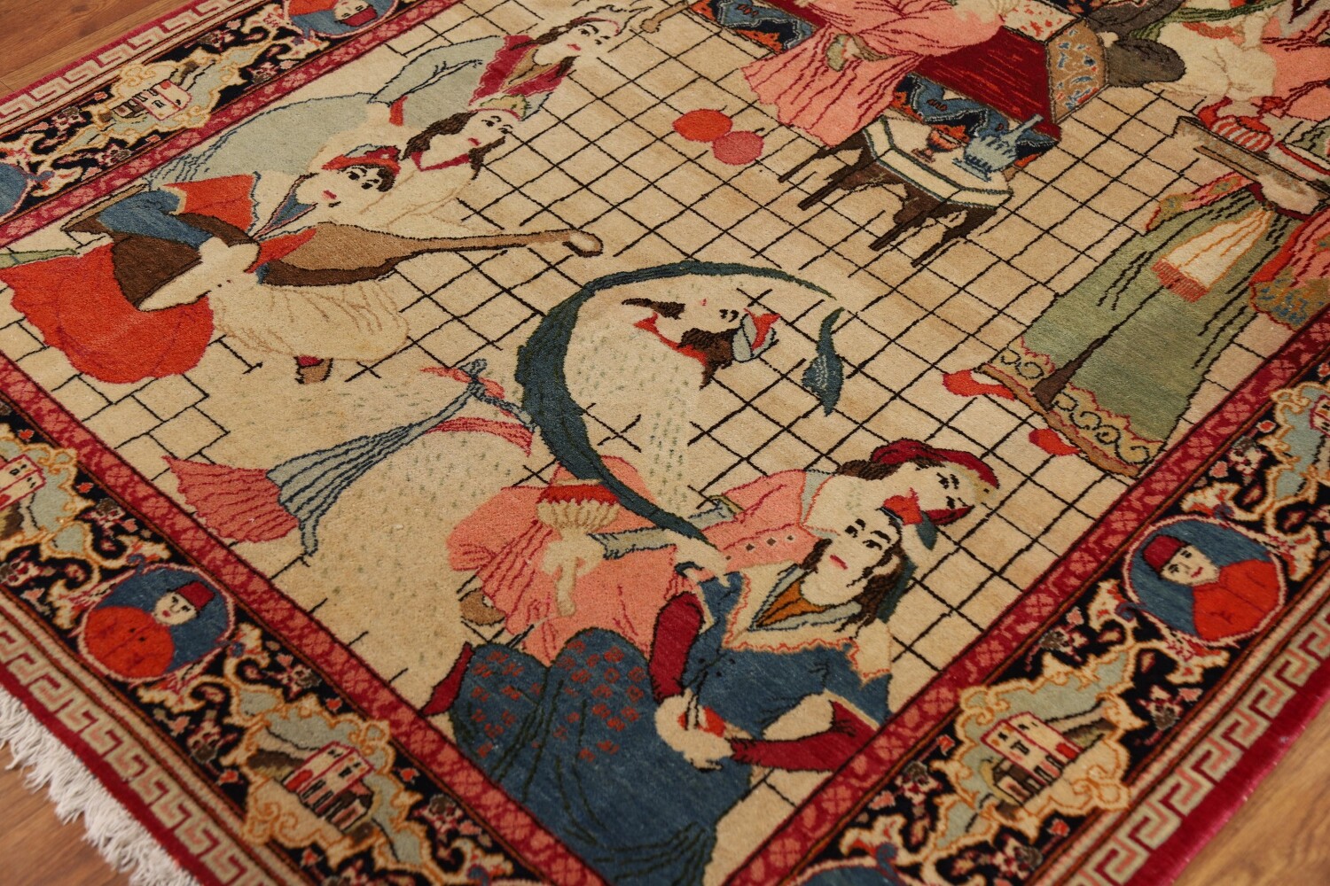 Pre-1900 Antique Wool Pictorial Kashan Persian Rug 4x7