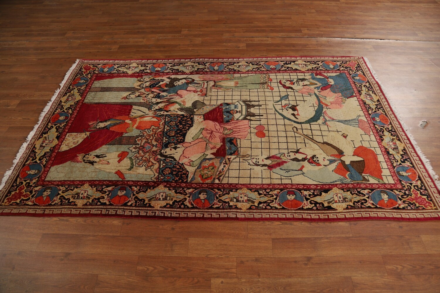 Pre-1900 Antique Wool Pictorial Kashan Persian Rug 4x7