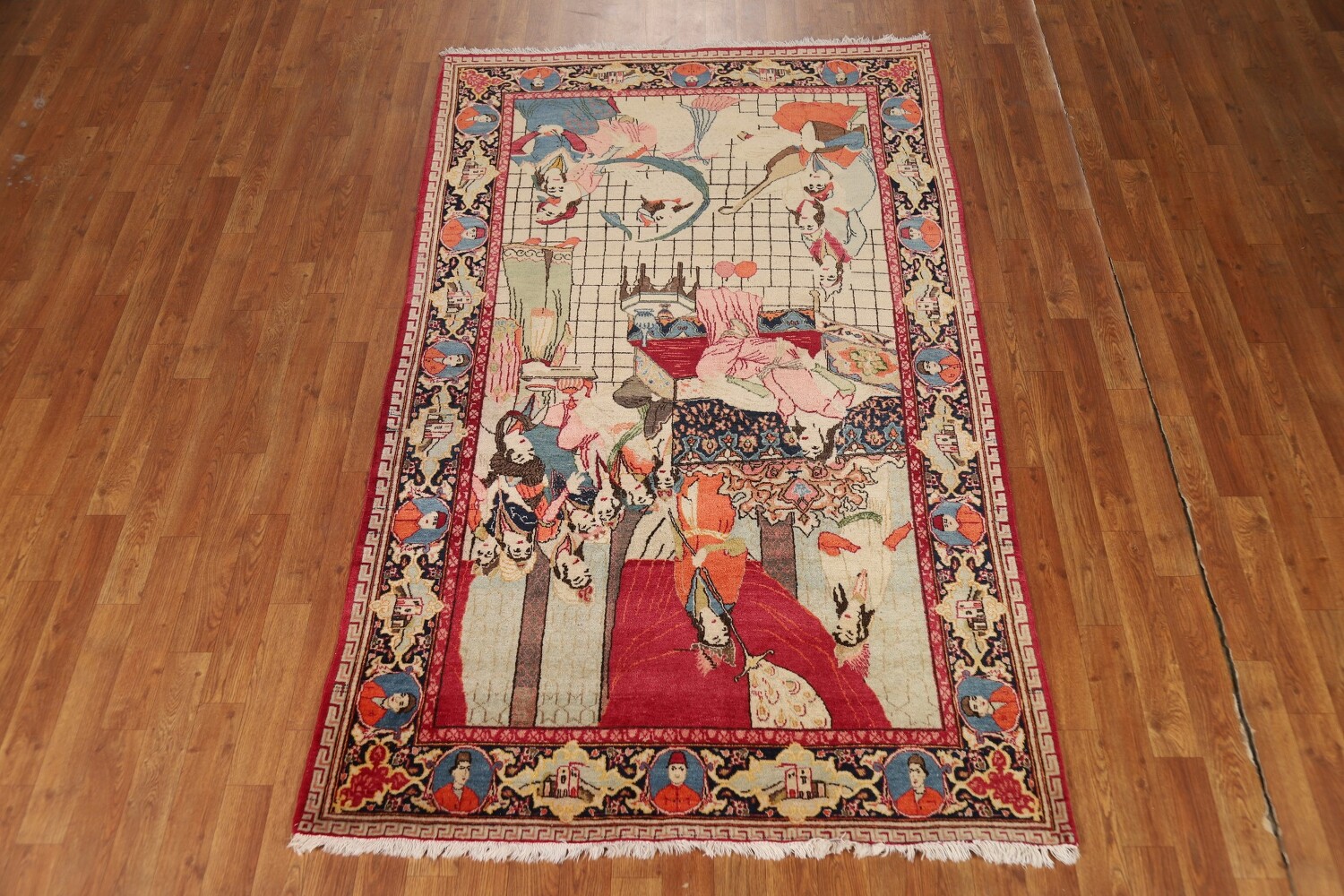 Pre-1900 Antique Wool Pictorial Kashan Persian Rug 4x7