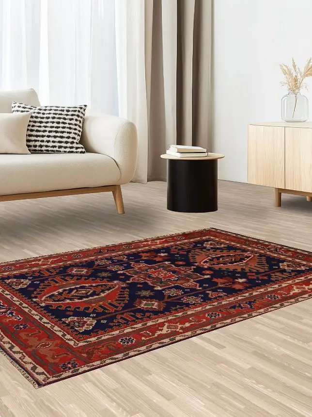 Navy Blue & Orange Wool Khotan Oriental Accent Rug 4x6 | Rug Source