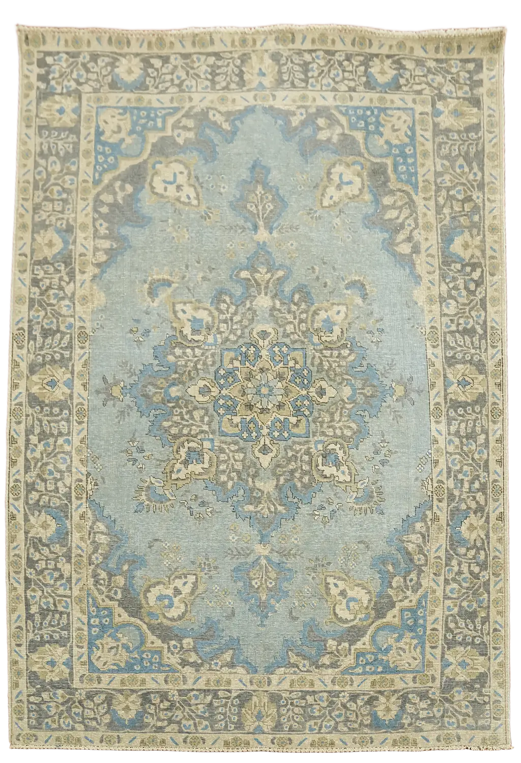 Distressed Vintage Blue and Beige Tabriz Persian Area Rug 6'x9'