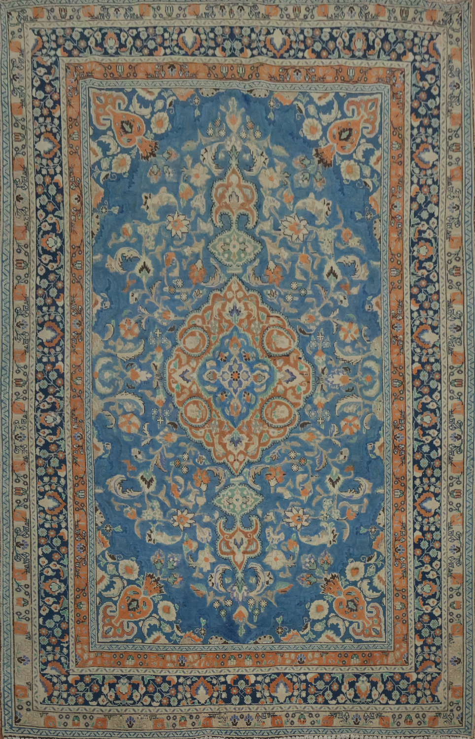 Blue & Orange Wool Tabriz Persian Area Rug 7x9