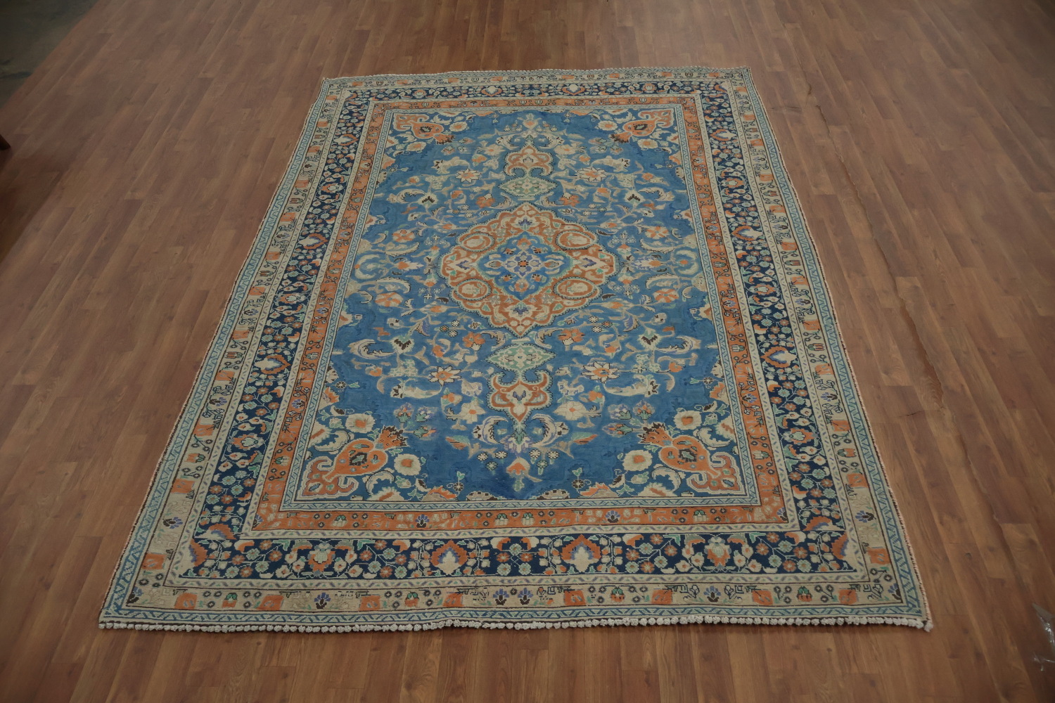 Blue & Orange Wool Tabriz Persian Area Rug 7x9