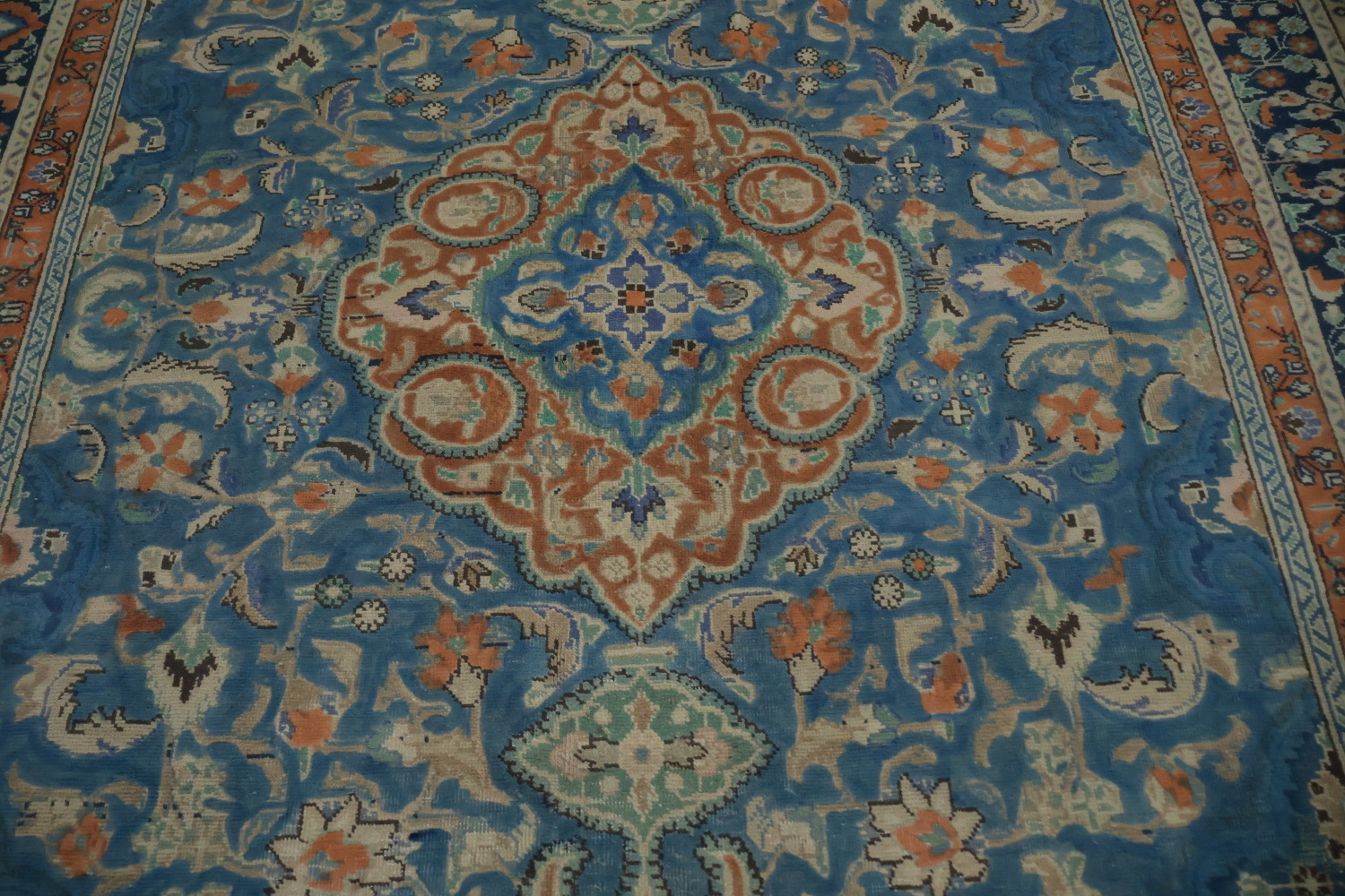 Blue & Orange Wool Tabriz Persian Area Rug 7x9