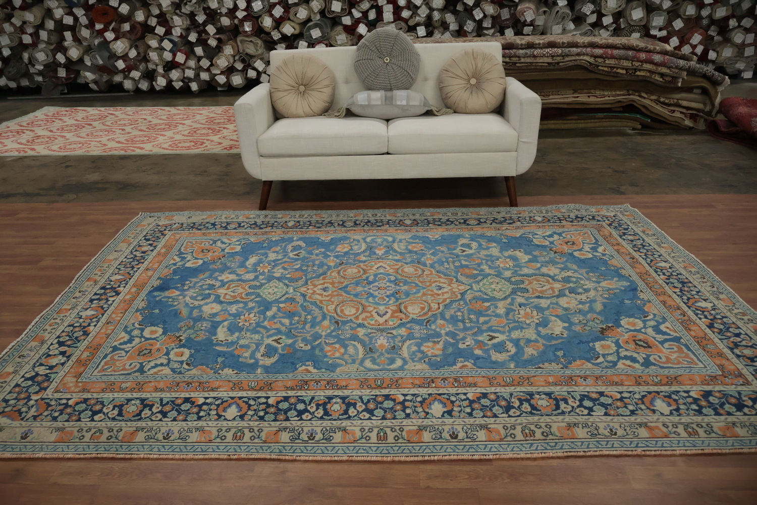 Blue & Orange Wool Tabriz Persian Area Rug 7x9