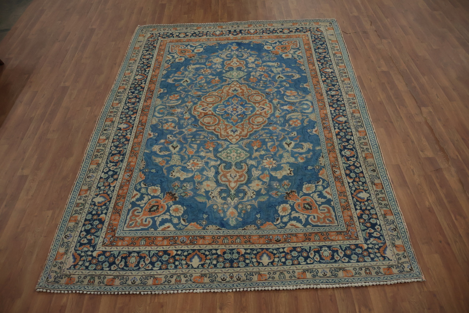 Blue & Orange Wool Tabriz Persian Area Rug 7x9