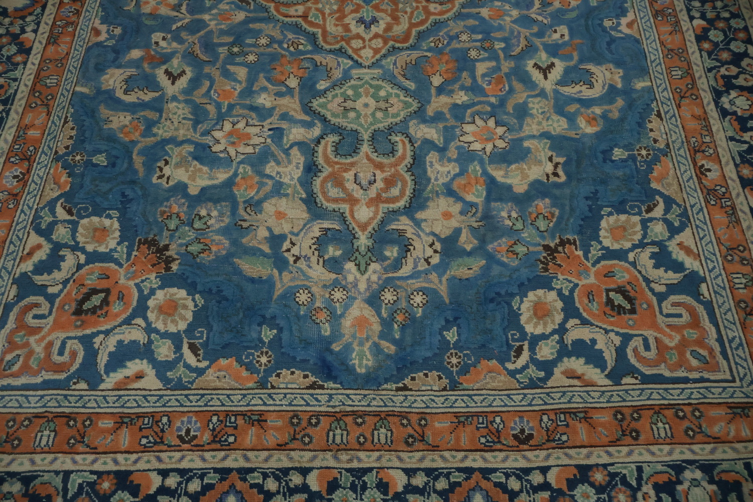 Blue & Orange Wool Tabriz Persian Area Rug 7x9
