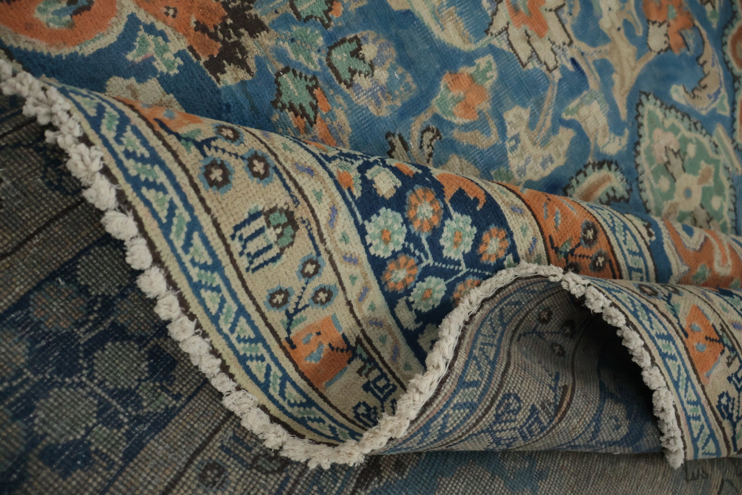 Blue & Orange Wool Tabriz Persian Area Rug 7x9