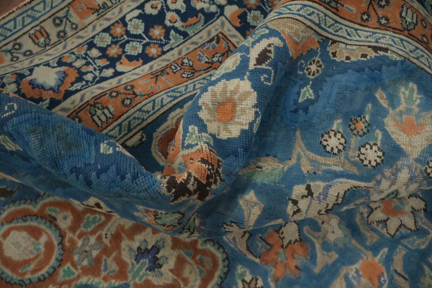 Blue & Orange Wool Tabriz Persian Area Rug 7x9