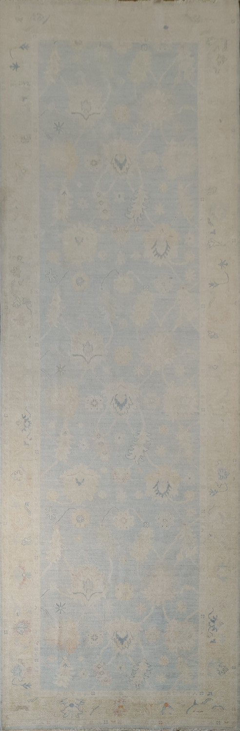 16' Muted Earth-Tone Blue & Ivory Oushak Runner - Handmade Turkish Wool Rug 5x16 ft