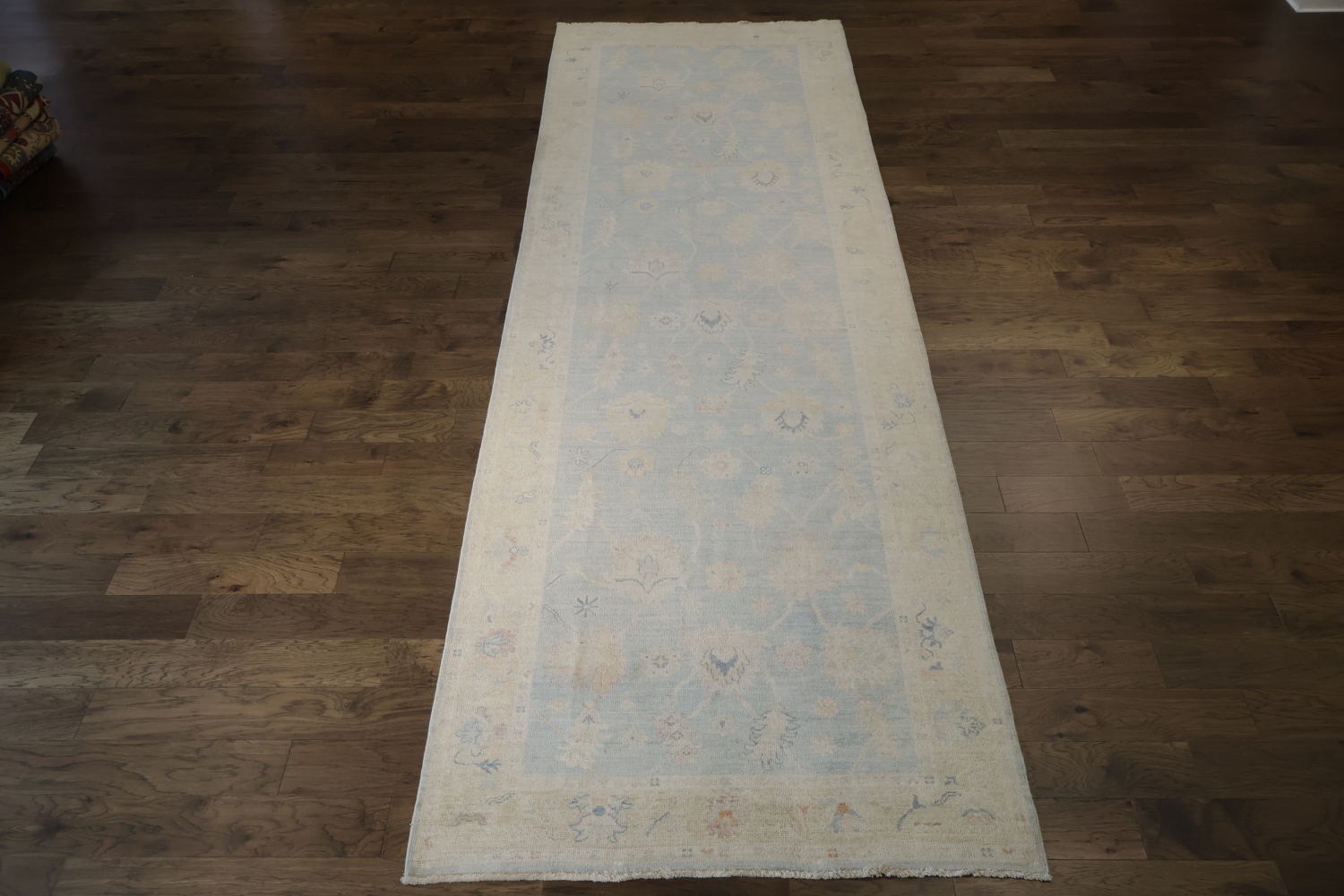 16' Muted Earth-Tone Blue & Ivory Oushak Runner - Handmade Turkish Wool Rug 5x16 ft
