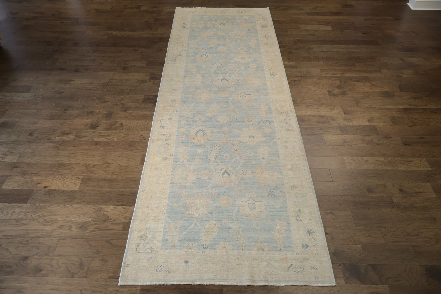 16' Muted Earth-Tone Blue & Ivory Oushak Runner - Handmade Turkish Wool Rug 5x16 ft