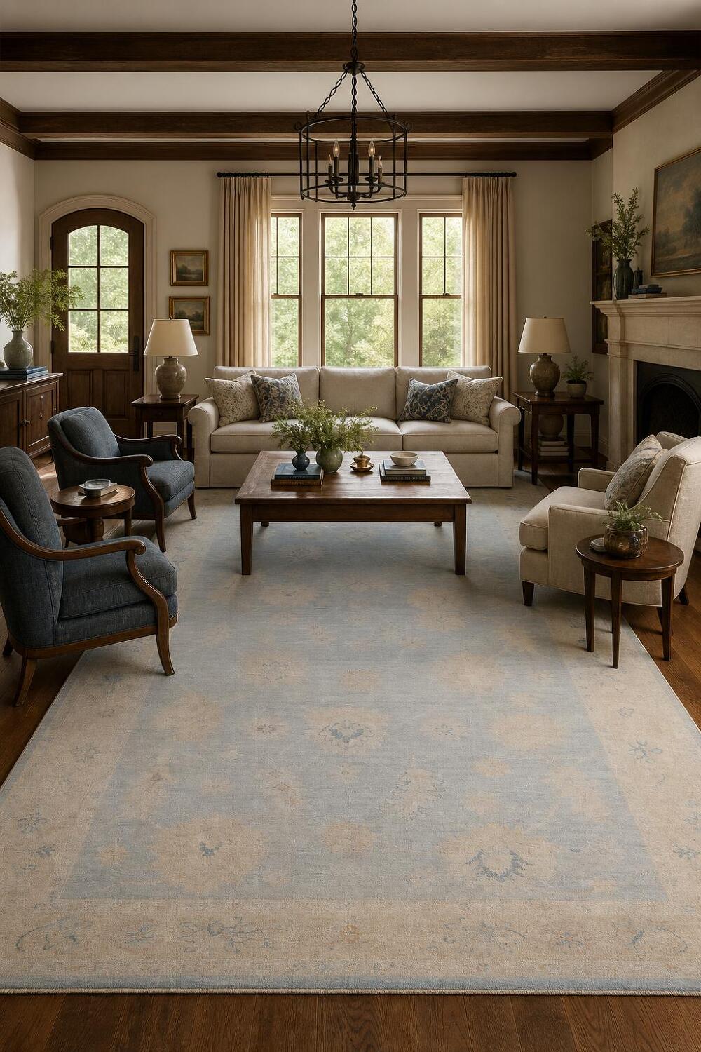 16' Muted Earth-Tone Blue & Ivory Oushak Runner - Handmade Turkish Wool Rug 5x16 ft