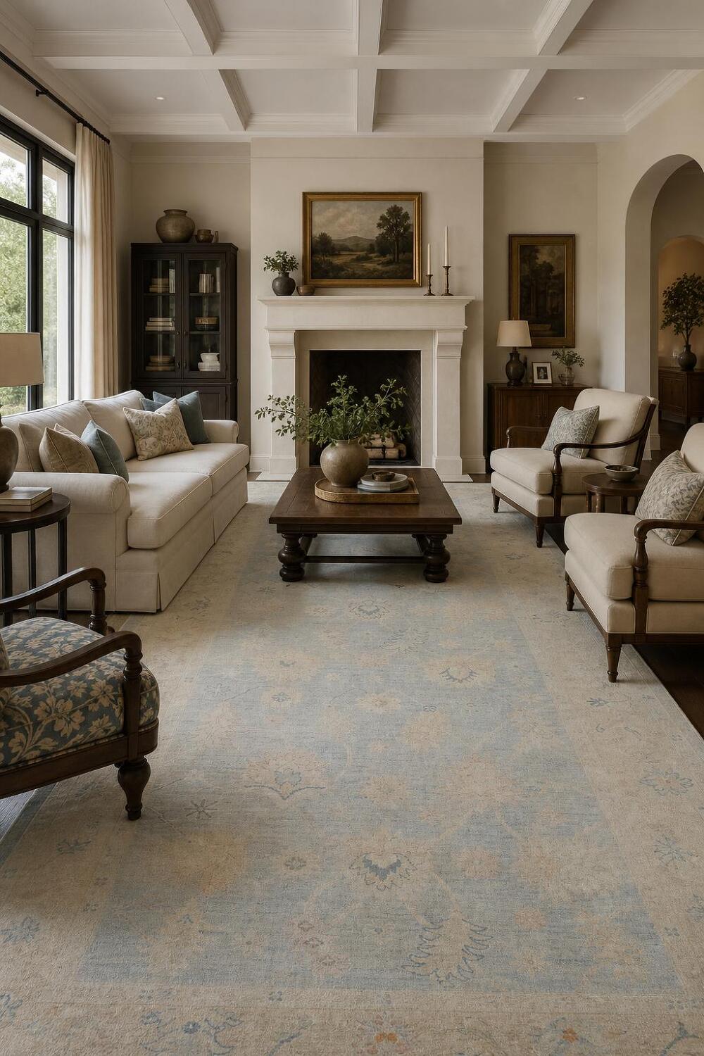 16' Muted Earth-Tone Blue & Ivory Oushak Runner - Handmade Turkish Wool Rug 5x16 ft