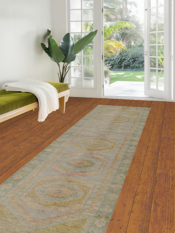 Vegetable Dye Geometric Oushak Turkish Runner Rug 3x12