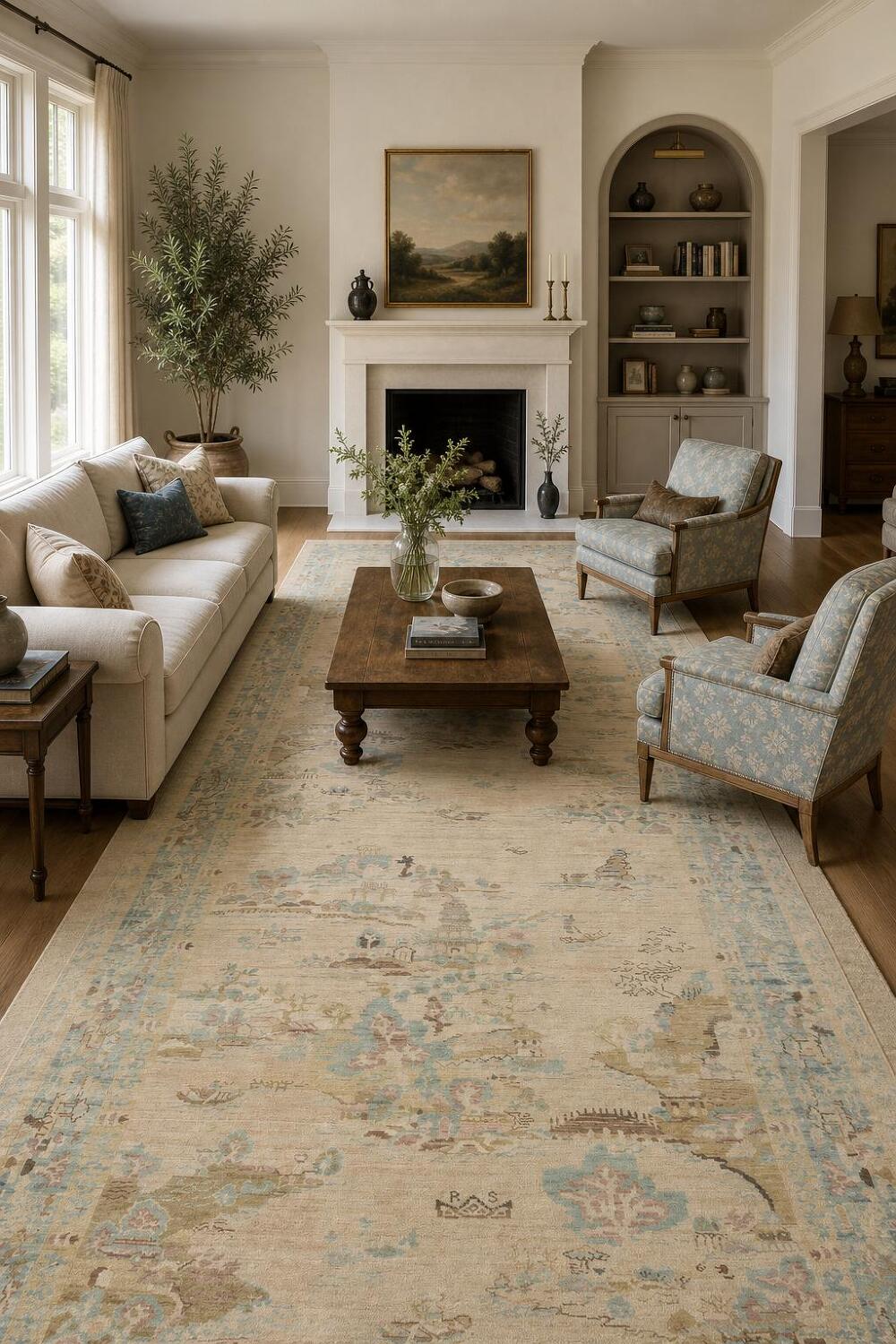 Art Deco Historical Soft Peach and Blue Runner Rug with Intricate Floral and Pastel Motifs 5'x14'