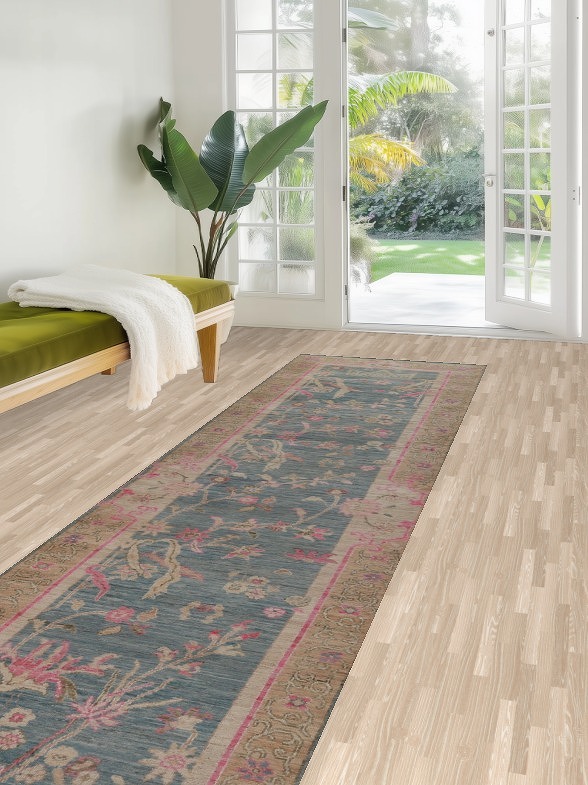 Vegetable Dye Blue Oushak Turkish Runner Rug 3x12