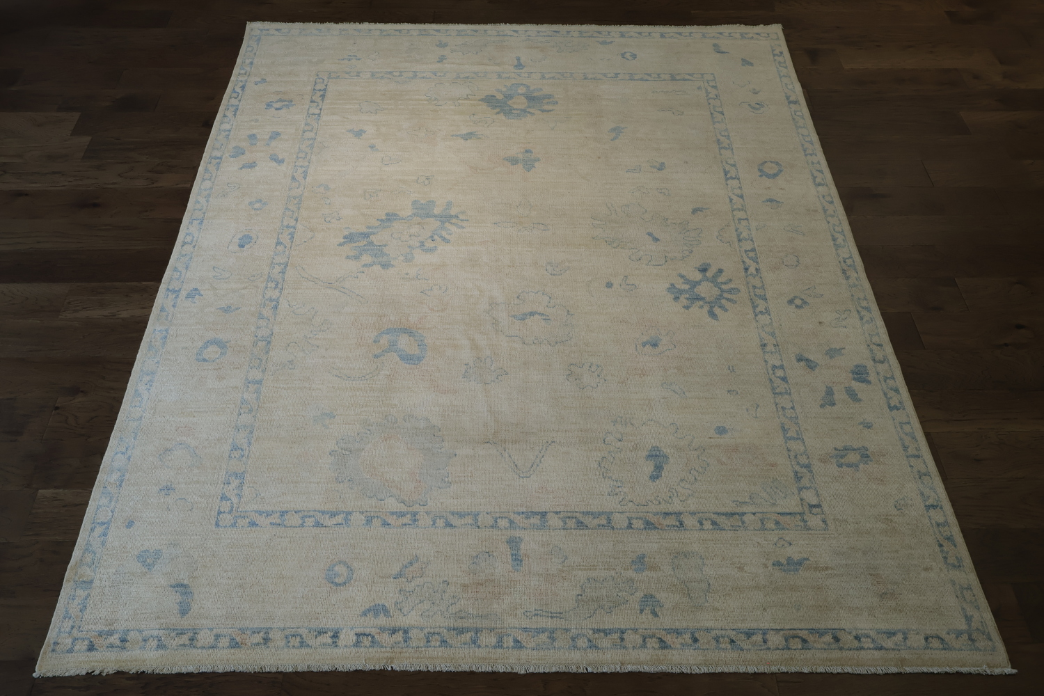 Vegetable Dye Beige and Blue Muted Oushak Turkish Area Rug 8x10