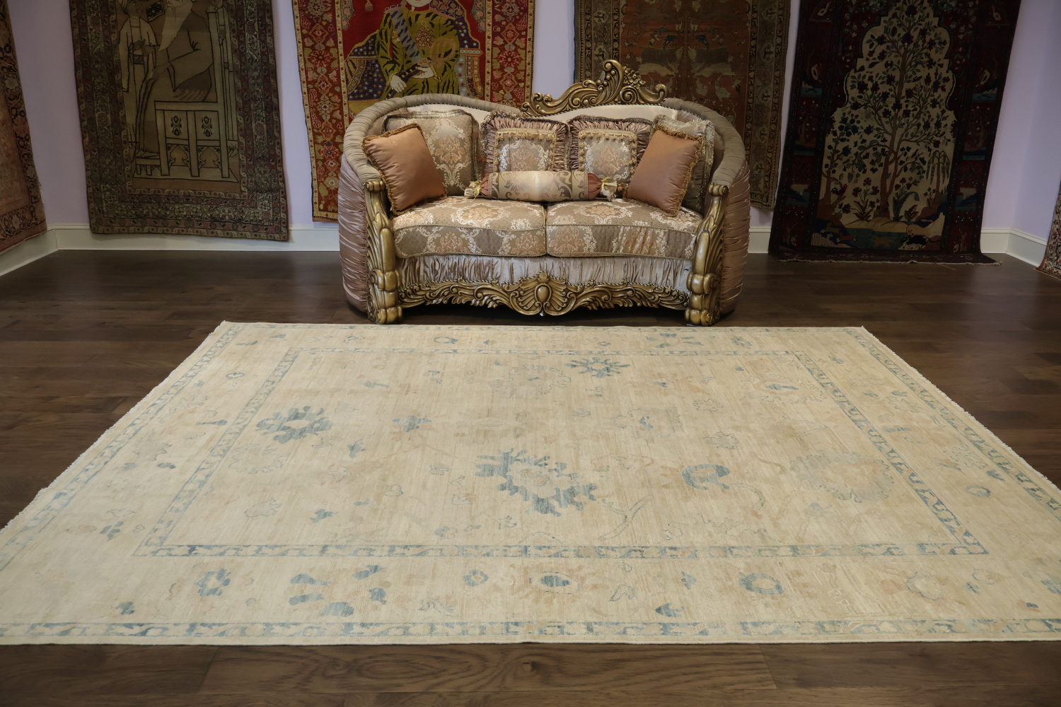 Vegetable Dye Beige and Blue Muted Oushak Turkish Area Rug 8x10
