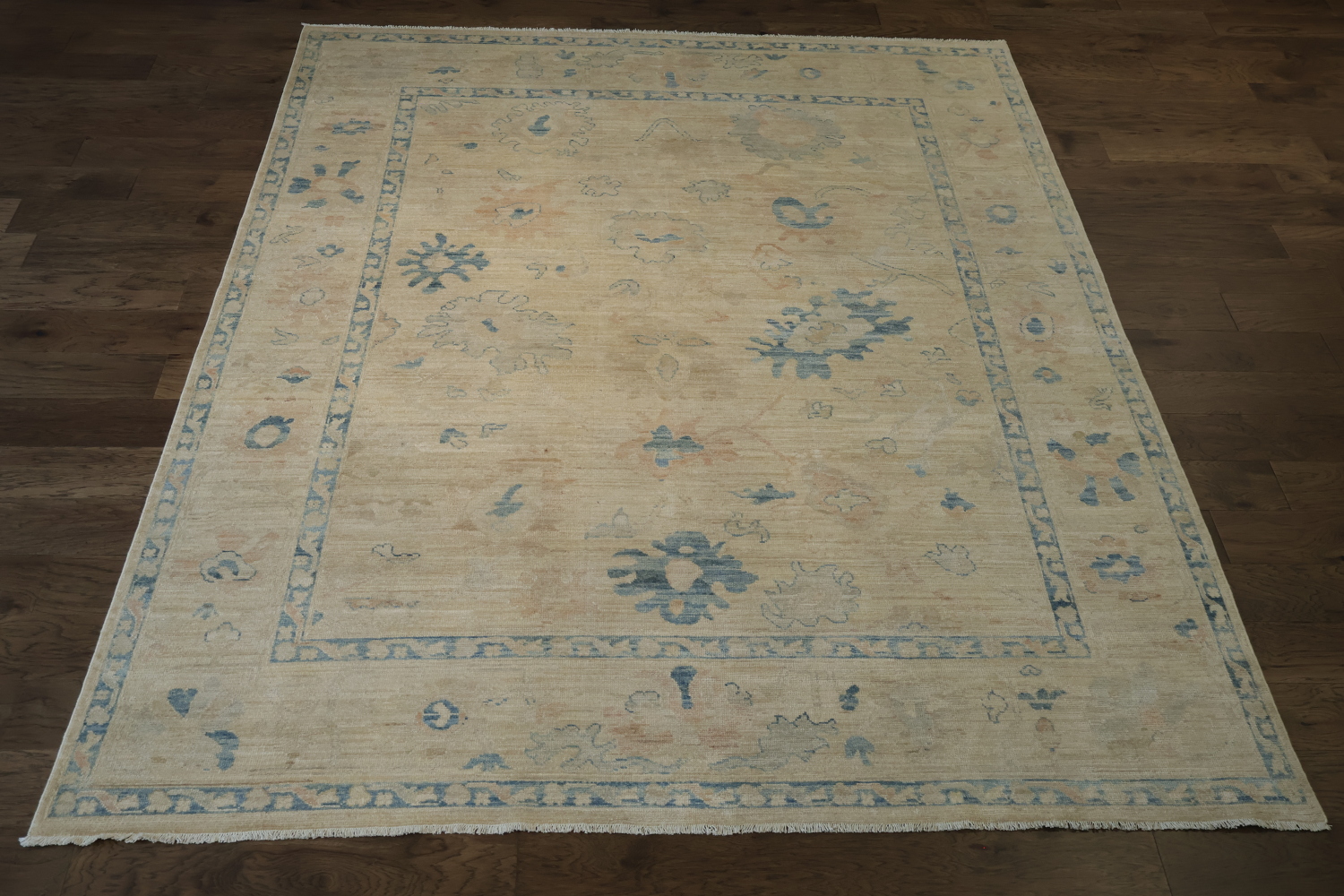 Vegetable Dye Beige and Blue Muted Oushak Turkish Area Rug 8x10