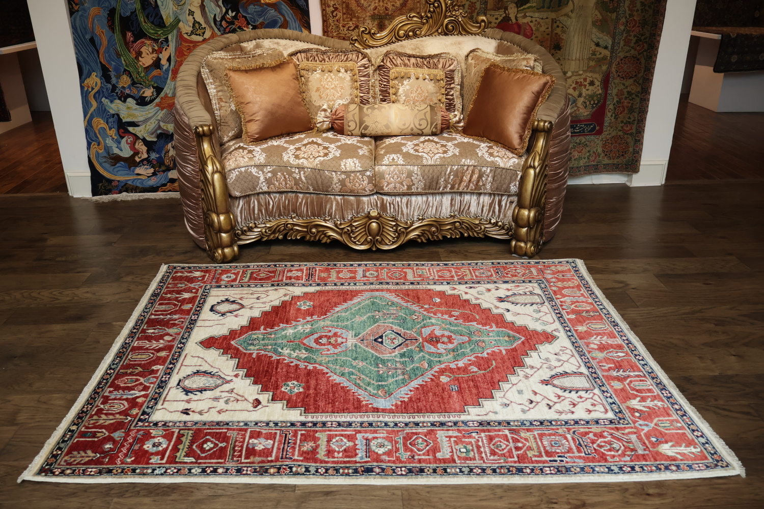 Geometric Red and Green Tribal Heriz Serapi Vegetable Dye Rug 5x7