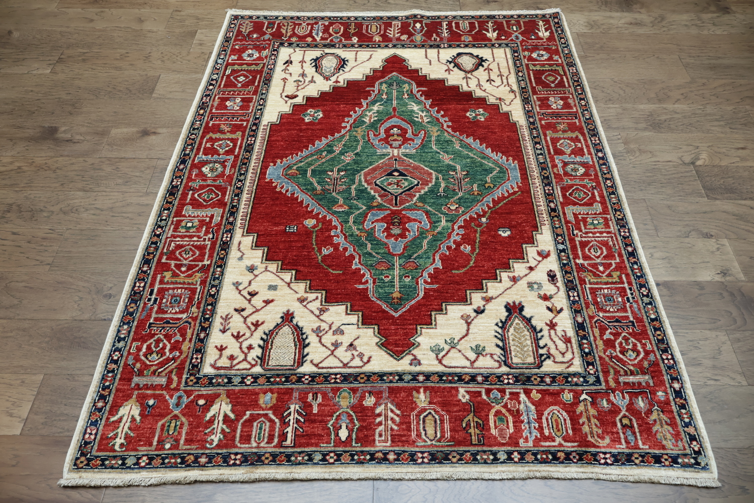 Geometric Red and Green Tribal Heriz Serapi Vegetable Dye Rug 5x7