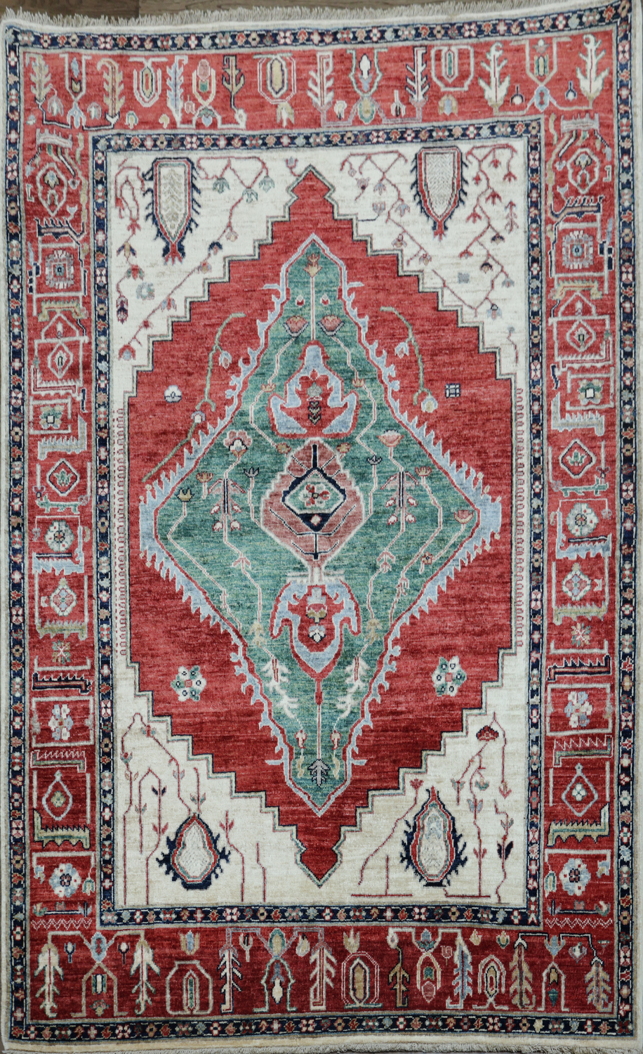Geometric Red and Green Tribal Heriz Serapi Vegetable Dye Rug 5x7