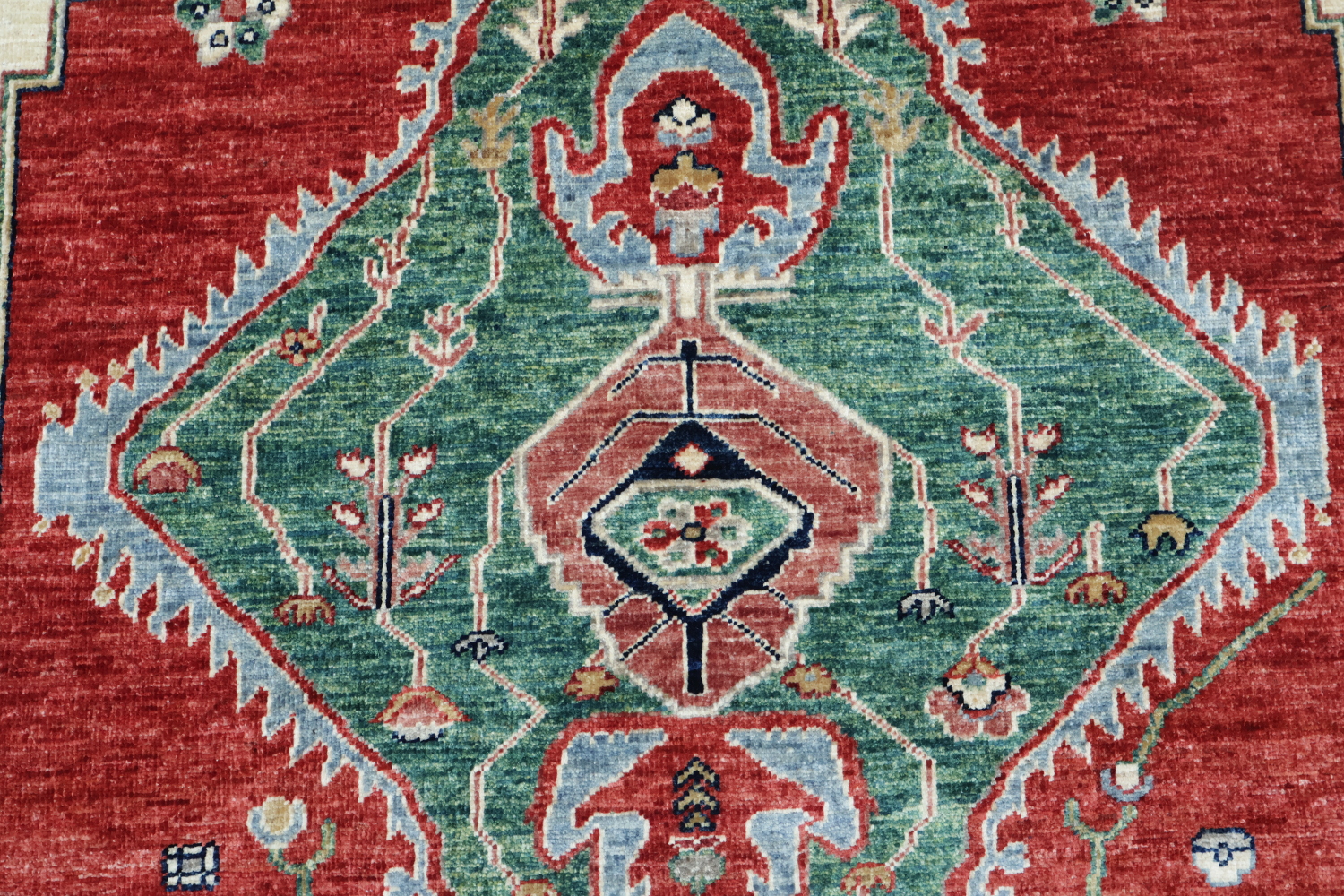 Geometric Red and Green Tribal Heriz Serapi Vegetable Dye Rug 5x7