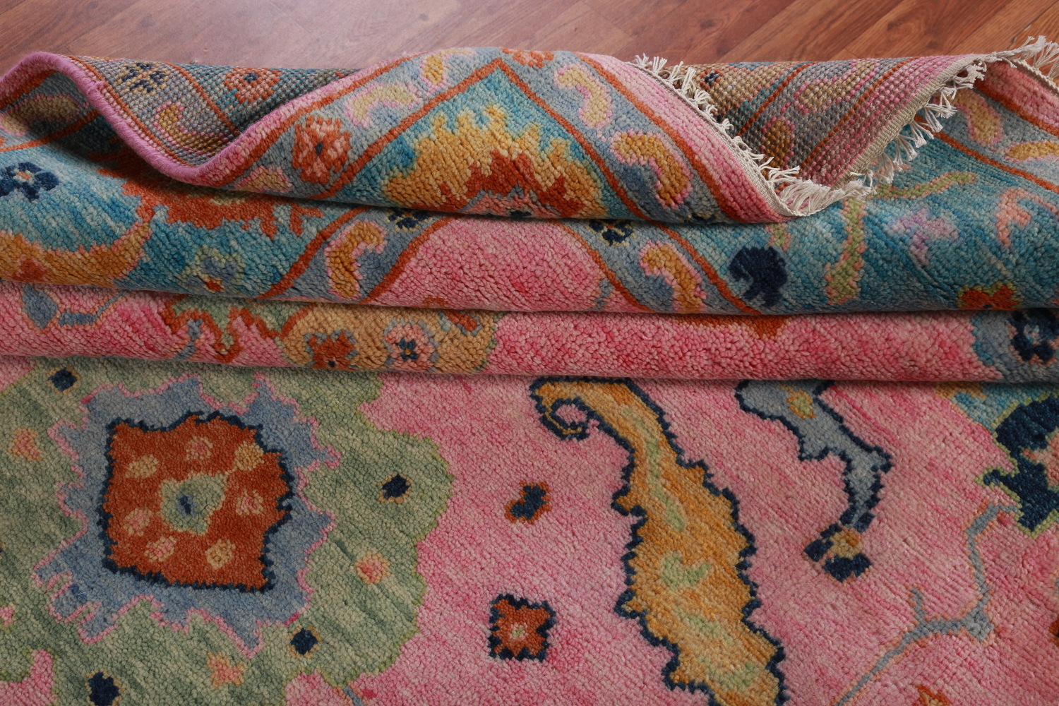 Pink & Blue Floral Oushak Indian Large Rug 8x16