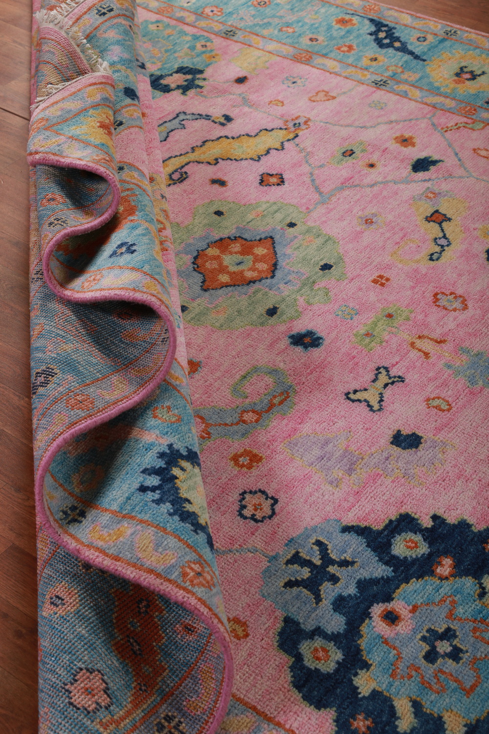 Pink & Blue Floral Oushak Indian Large Rug 8x16