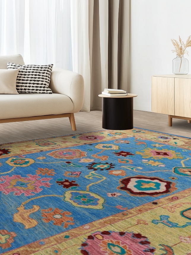 Vegetable Dye Blue Oushak Turkish Area Rug 8x10