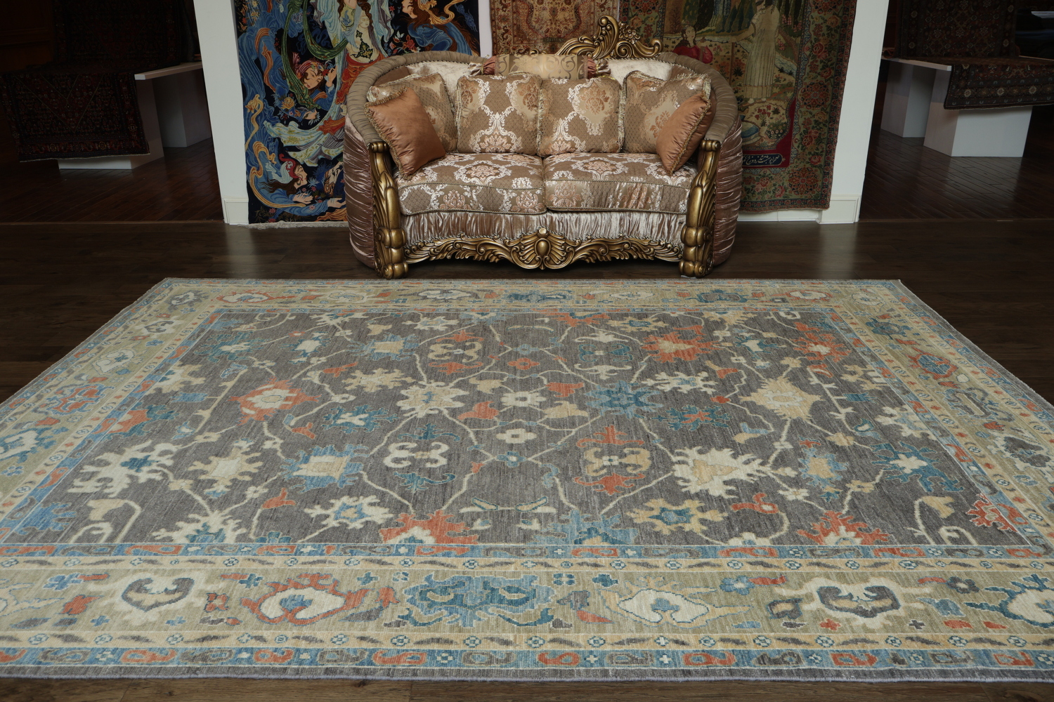 Vegetable Dye Floral Oushak Turkish Area Rug 9x12