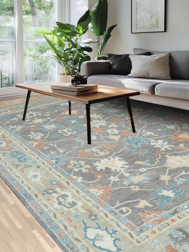 Vegetable Dye Floral Oushak Turkish Area Rug 9x12