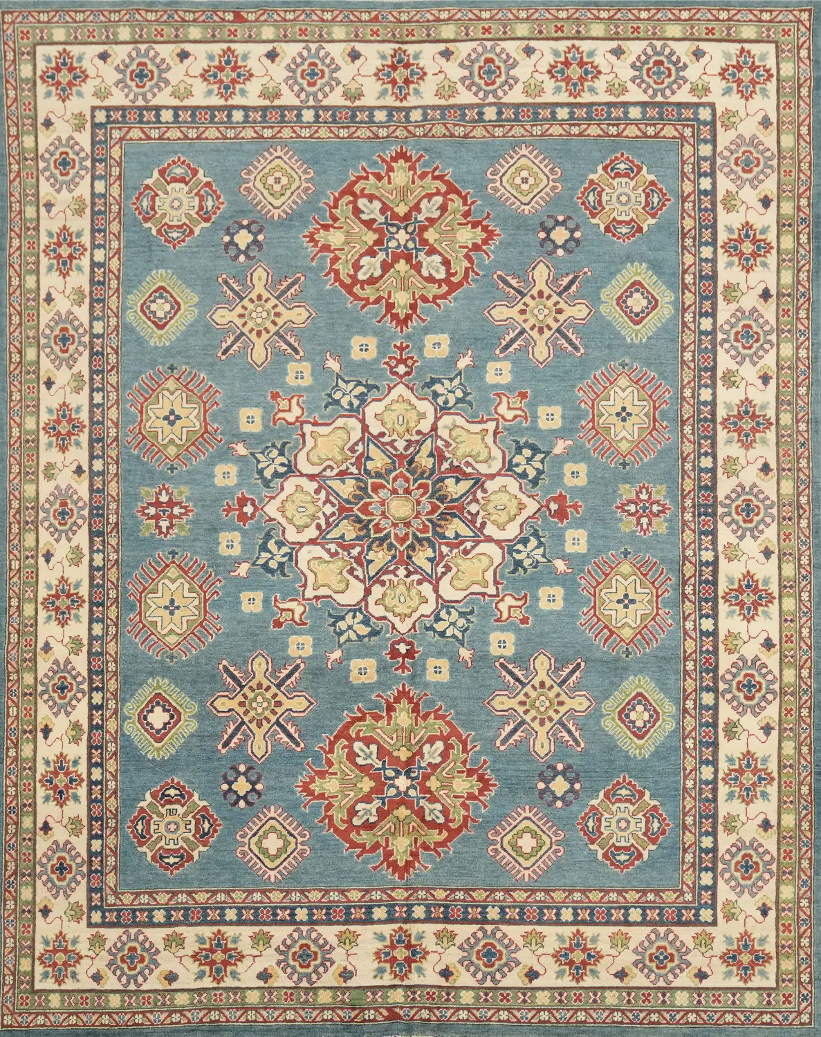 Intricate Blue and Cream Kazak Pakistani Area Rug 8x10 ft