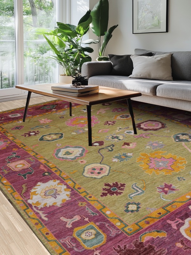 Vegetable Dye Floral Oushak Turkish Area Rug 9x12