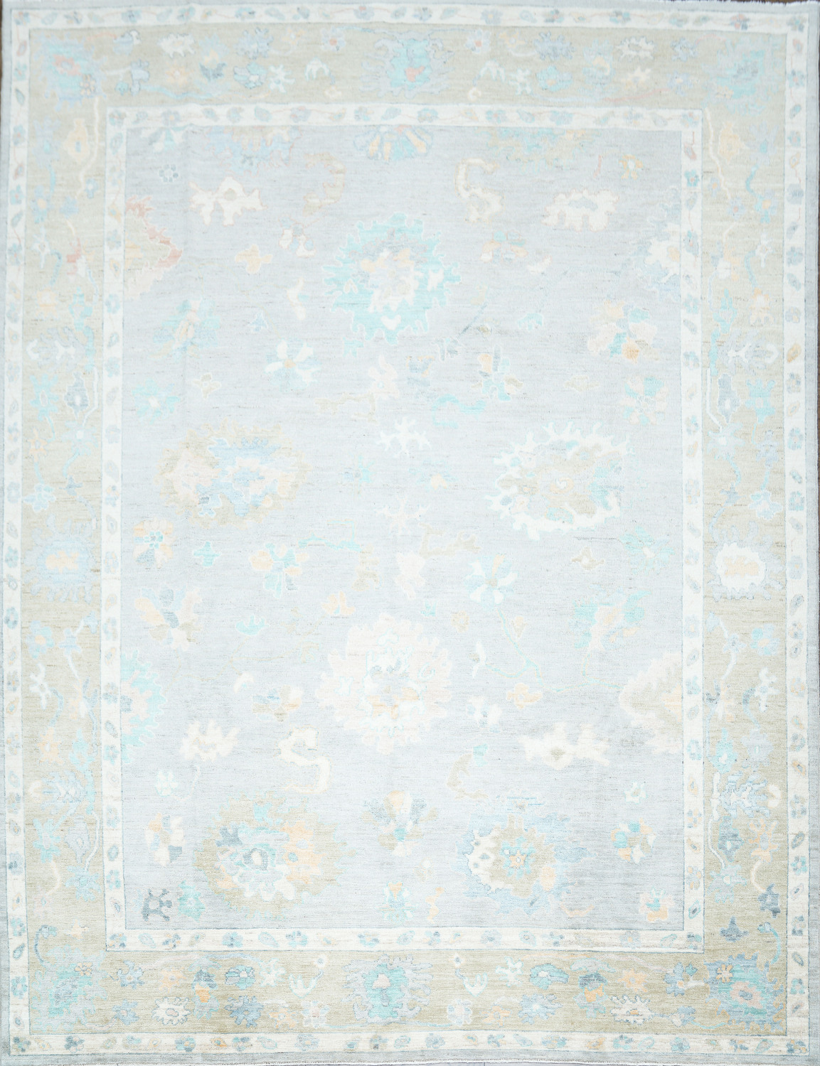 Pastel Floral Muted Grey Vegetable Dye Oushak Turkish Rug 9x12