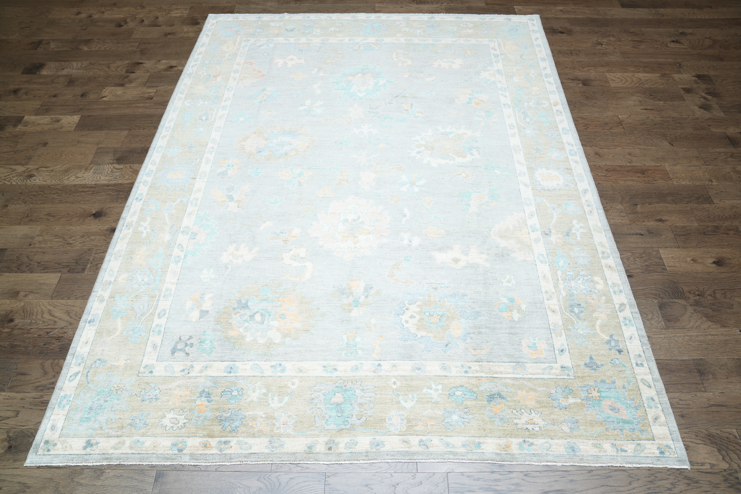 Pastel Floral Muted Grey Vegetable Dye Oushak Turkish Rug 9x12