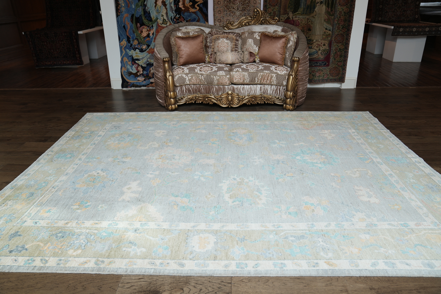 Pastel Floral Muted Grey Vegetable Dye Oushak Turkish Rug 9x12