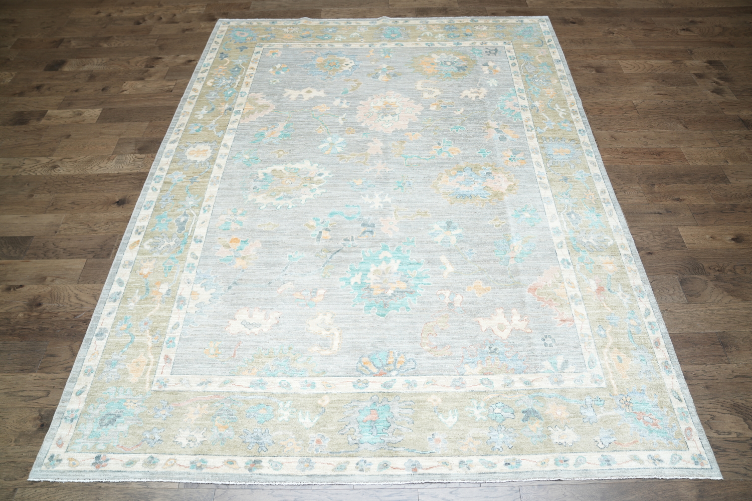 Pastel Floral Muted Grey Vegetable Dye Oushak Turkish Rug 9x12