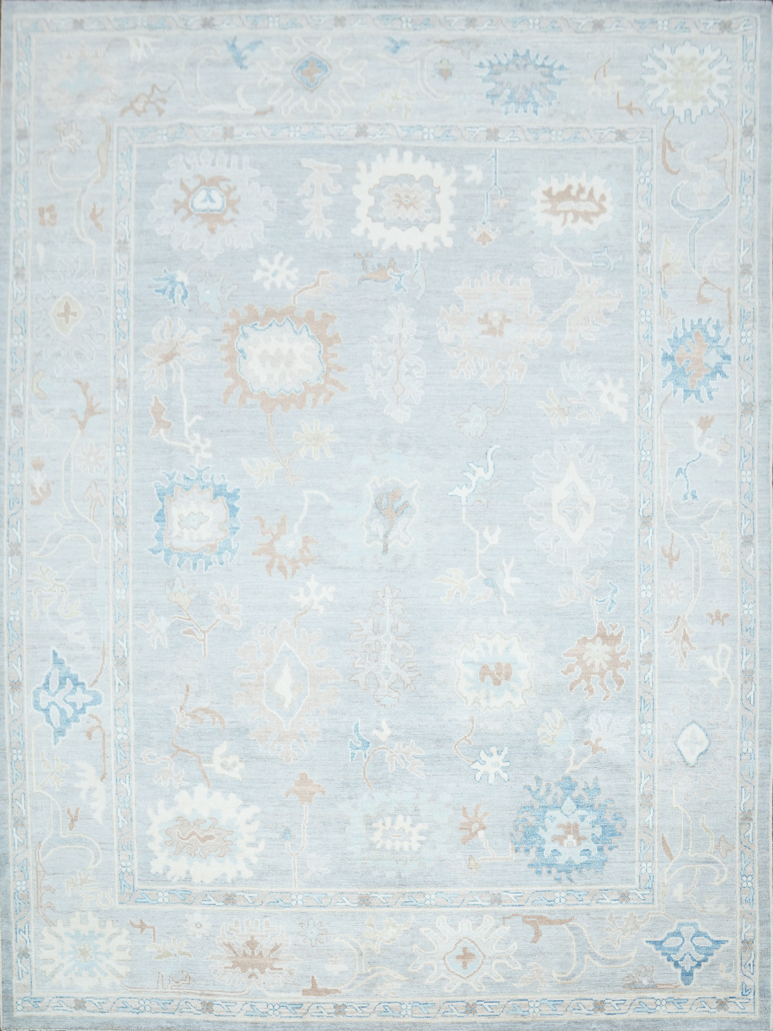Soft Gray Blue Oushak Turkish Living Room Rug
