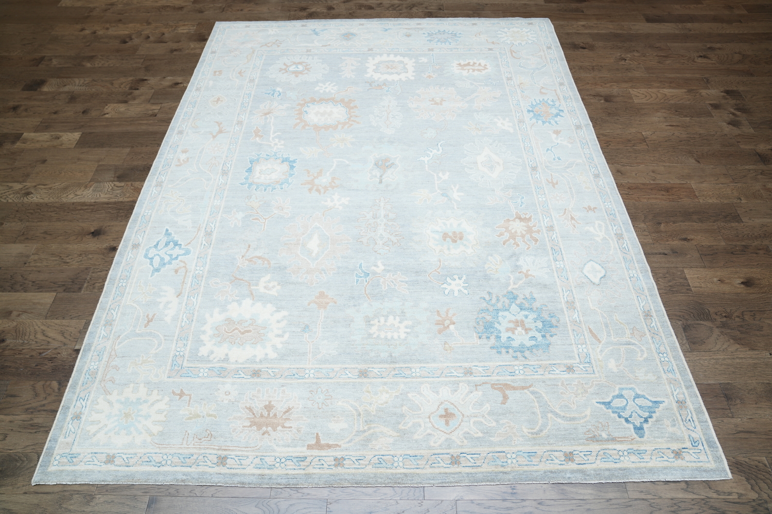Soft Gray Blue Oushak Turkish Living Room Rug