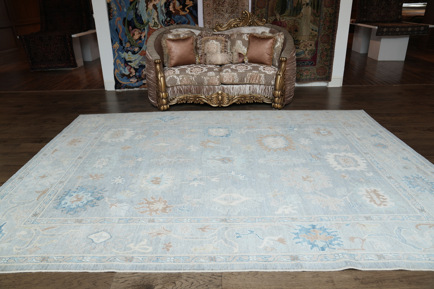 Soft Gray Blue Oushak Turkish Living Room Rug