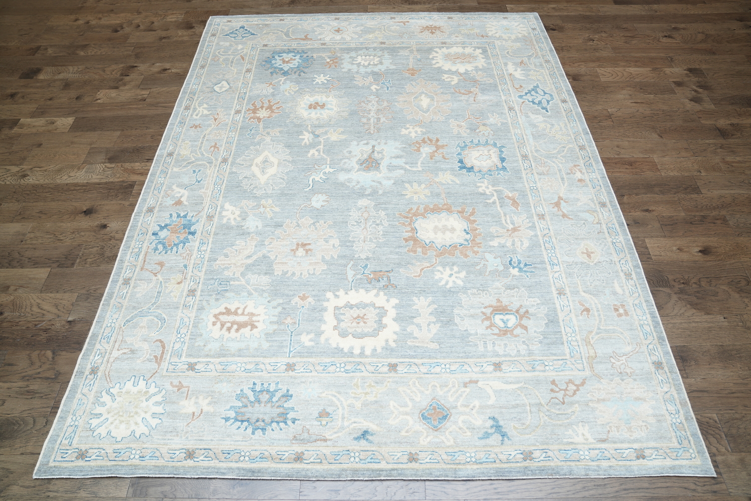 Soft Gray Blue Oushak Turkish Living Room Rug