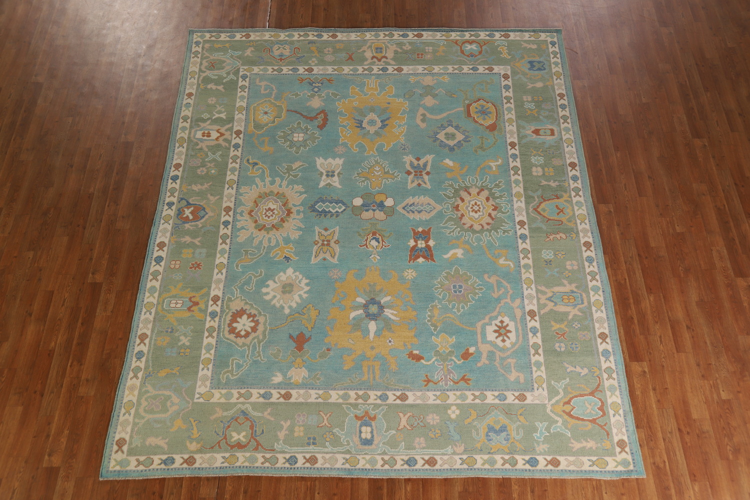 Turquoise Blue Floral Oushak Vegetable Dye Area Rug 8x10